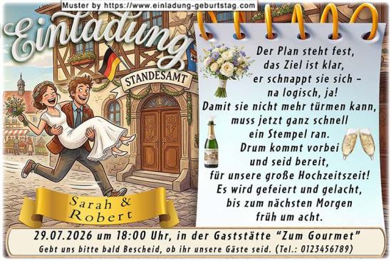 lustige Hochzeitseinladung mit witzigem änderbaren Text mit dem Mann, der seine Frau zum Standesamt trägt