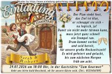 lustige Hochzeitseinladung mit witzigem änderbaren Text mit dem Mann, der seine Frau zum Standesamt trägt