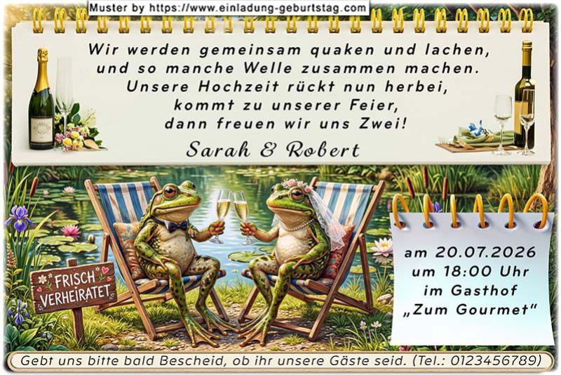 lustige Hochzeitseinladung mit witzigem änderbaren Text mit dem Froschpaar
