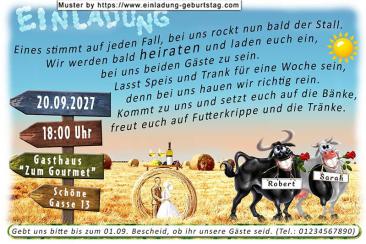 Die lustige Einladung zur Hochzeit mit Bulle & Kuh - hier rockt bald der Stall