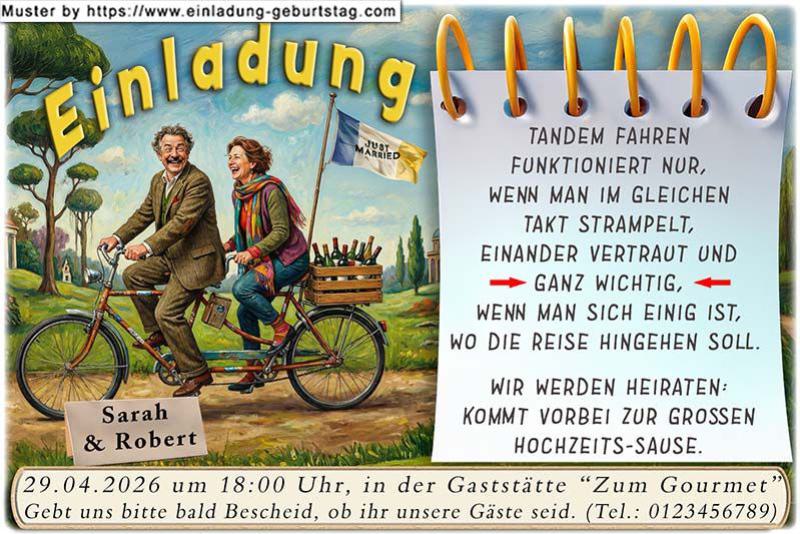 lustige Hochzeitseinladung mit witzigem änderbaren Text mit dem Paar auf einem Tandem