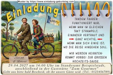 Die lustige Einladung zur Hochzeit mit dem Paar auf dem Tandem, weil es zusammen einfach leichter geht.