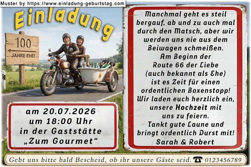 lustige Hochzeitseinladung mit witzigem änderbaren Text mit dem Paar auf einem Motorrad