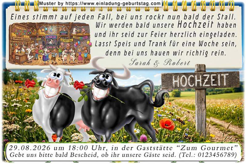 lustige Hochzeitseinladung mit witzigem änderbaren Text mit der Kuh und dem Bullen