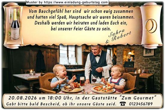 lustige Hochzeitseinladung mit witzigem änderbaren Text mit 2 Babys beim schlemmen