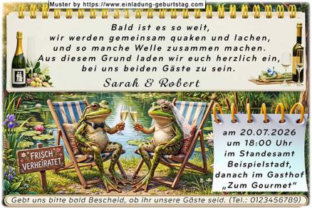 Die lustige Einladung zur Hochzeit - ein Froschpaar im Liegestuhl am Gartenteich stößt schon mal mit Sektgläsern an