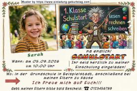Die Einladung zur Einschulung mit dem Foto des Kindes, der zeigt, dass Schule Spaß machen kann.
