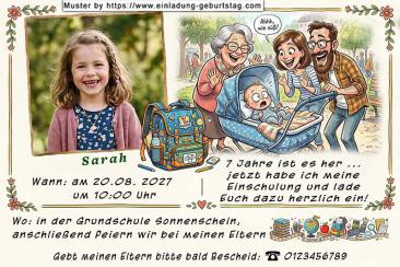 Die Einladung zur Einschulung mit dem Foto des Kindes neben einem lustigen Bild - Baby im Kinderwagen
