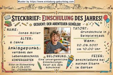 Die Einladung zur Einschulung mit dem Foto des Kindes auf einem lustigen Steckbrief