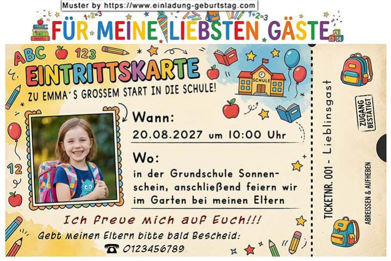 Die Einladung zur Einschulung mit dem Foto des Kindes auf einer lustigen Eintrittskarte