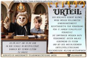Die Einladung zur Einschulung mit dem Foto des Kindes und dem lustigen Richter Eule