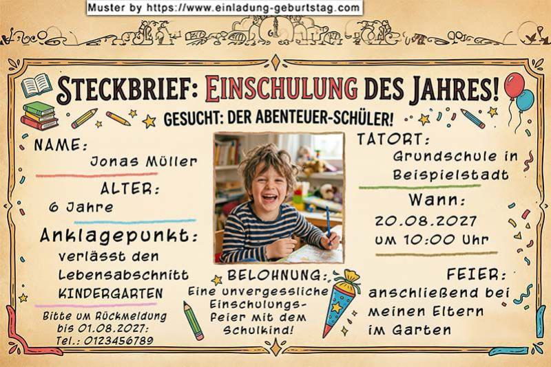 Die Einladung zur Einschulung mit dem Foto des Kindes auf einem lustigen Steckbrief