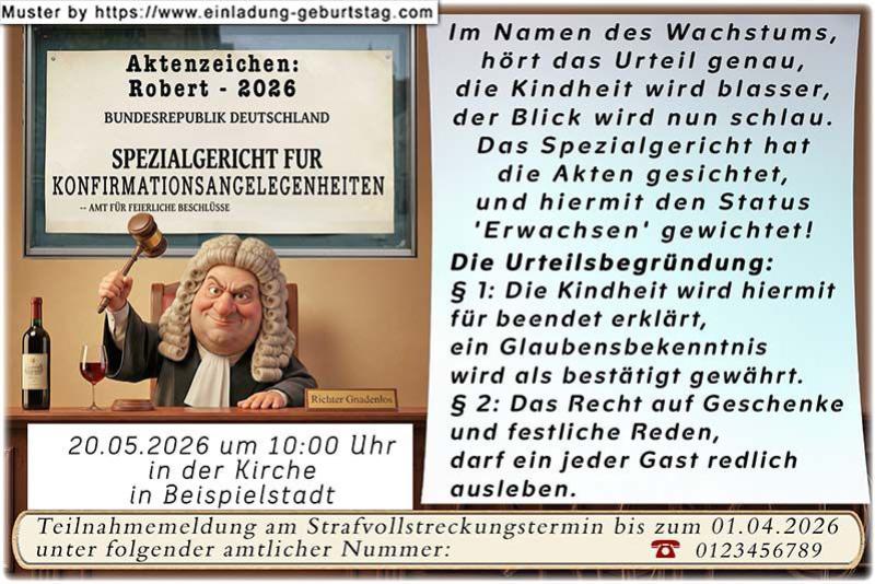 Die lustige Einladungskarte zur Konfirmation mit dem Urteilsspruch