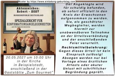 die lustige Einladung zur Konfirmation mit dem Spezialgericht für Konfirmationsangelegenheiten