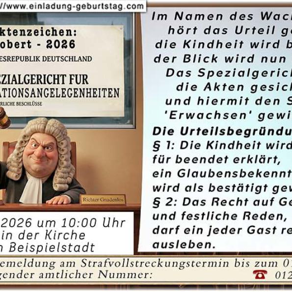 Die lustige Einladungskarte zur Konfirmation mit dem Urteilsspruch
