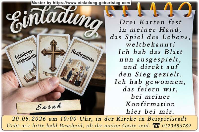 3 Spielkarten in deiner Hand als lustige Einladung zur Konfirmation: das Wort Kindheit durchgestrichen, die aktuelle Jahreszahl und auf der 3. Karte das Wort Konfirmation.