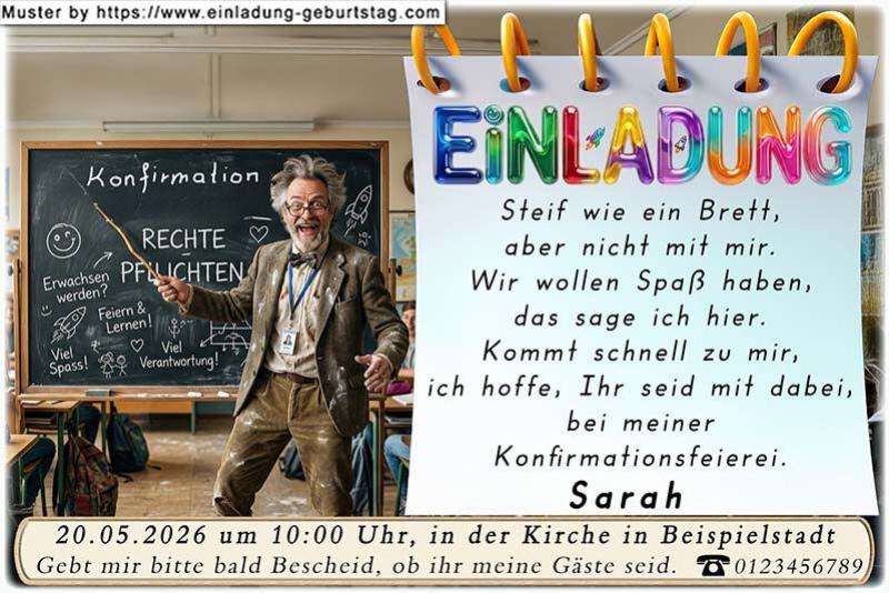 Die lustige Einladung zur Konfirmation mit dem Lehrer. Steif wie ein Brett, aber nicht mit mir. Wir wollen Spaß haben, das sage ich hier.