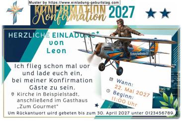 Die lustige Einladung zur Konfirmation mit dir auf einem Propellerflugzeug sitzend