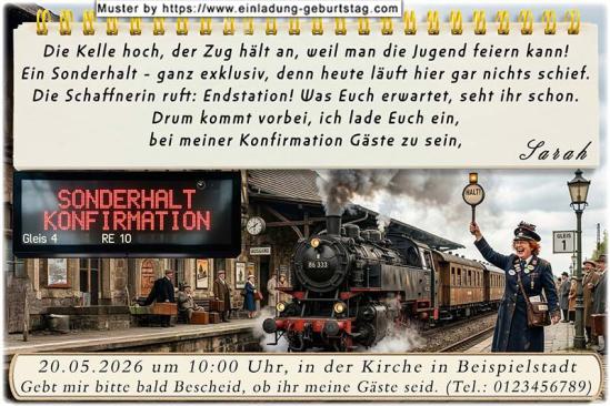 Die lustige Einladungskarte zur Konfirmation mit dem Sonderhalt des Zuges im Bahnhof. Die Kelle hoch, der Zug hält an, weil man die Jugend feiern kann! 