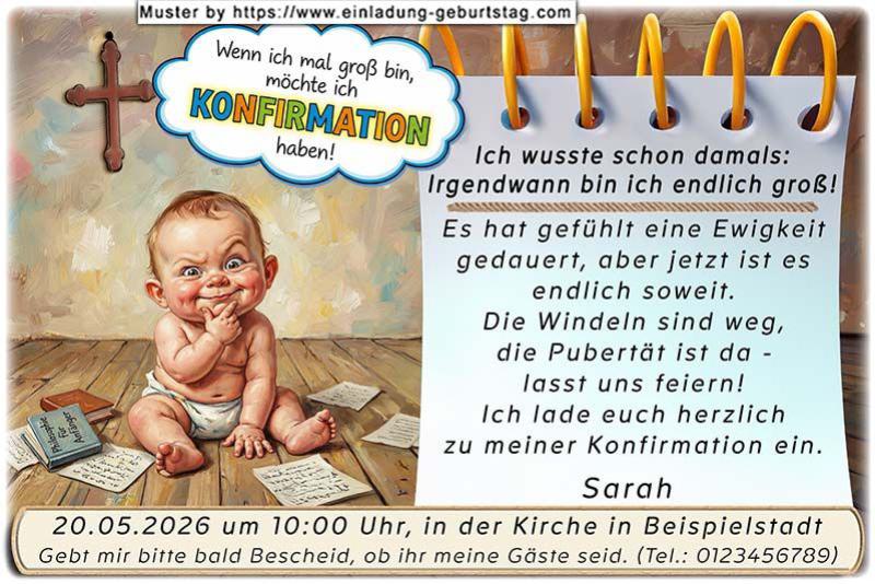 Die lustige Einladung zur Konfirmation mit dem grübelnden Baby. Schon sehr früh hast du dich auf deine Konfirmation gefreut, nun ist es endlich soweit.
