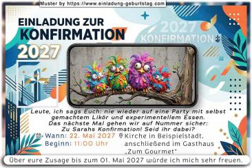 Die lustige Einladung zur Konfirmation mit den lustigen bunten Vögeln