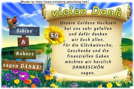 Die Danksagung zur Goldenen Hochzeit - ein Wegweiser steht auf einer Blumenwiese. Darauf stehen Ihre Namen und der Zusatz 'sagen Danke'.