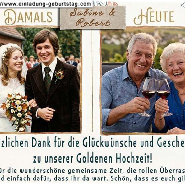 Die Danksagungskarte zur Goldenen Hochzeit mit Ihrem Foto auf einer Goldpapierrolle