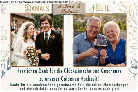 Die Danksagung zur Goldenen Hochzeit - 2 Ihrer Fotos werden in diese Danksagungskarte nebeneinander eingesetzt.