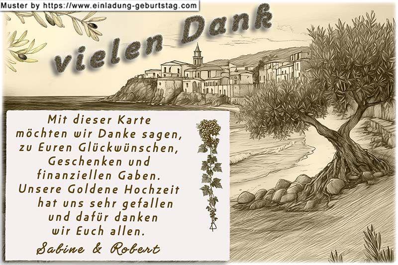 Die Danksagung zur Goldenen Hochzeit - Ein mediterranes Landschaftsbild mit einem kleinen Ort am Meer und Olivenbäumen im Vordergrund im Sepia Look.