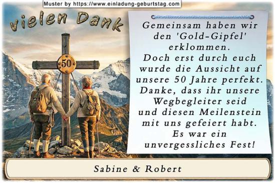 Die Danksagung zur Goldenen Hochzeit - Sie haben gemeinsam den 50-er Berg erklommen und stehen und Hand in Hand vor dem Gipfelkreuz mit Ihrer Jubiläumszahl.