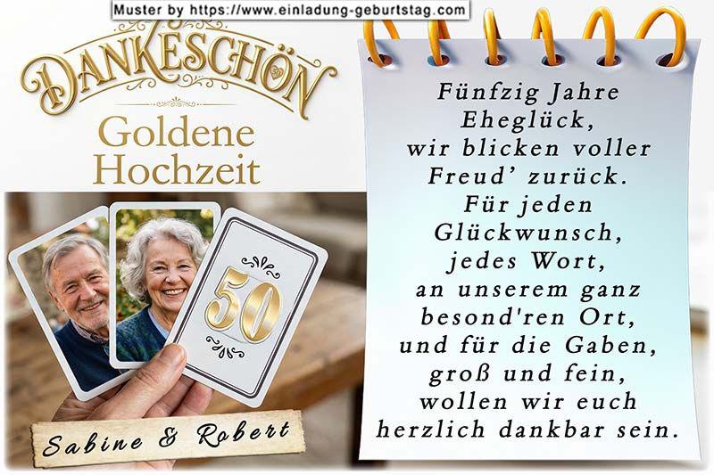 Die Danksagung zur Goldenen Hochzeit - 3 Spielkarten gehalten von einer Hand. Auf 2 Spielkarten befindet sich je ein Foto von Ihnen.