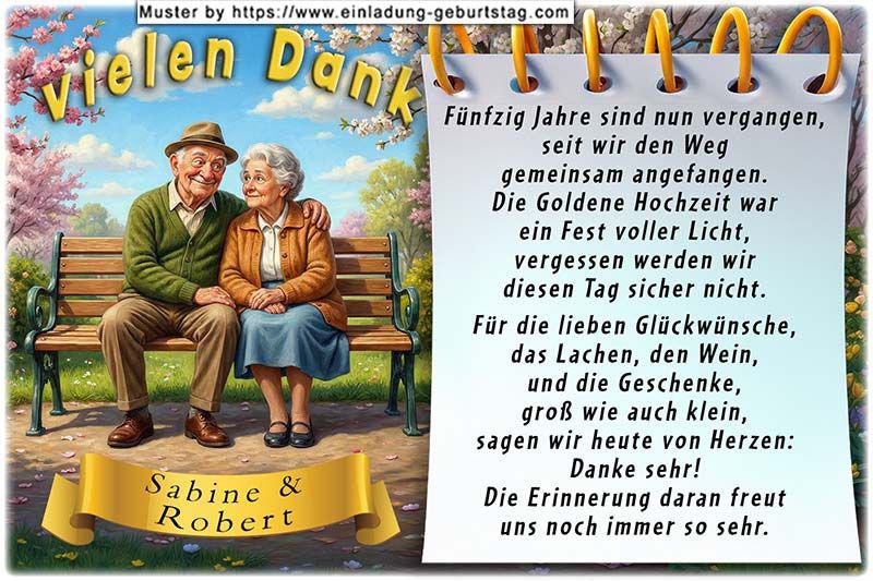 Die Danksagung zur Goldenen Hochzeit - Ein Ehepaar sitzt auf einer Parkbank und schwelgt in Erinnerung an die schöne Feier.