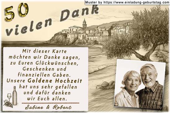 Die Danksagung zur Goldenen Hochzeit - Ihr Foto wird mit einer Sepia Farbüberlagerung versehen und unten rechts in eine mediterrane Karte eingesetzt.