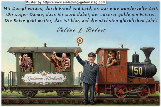 Die Danksagung zur Goldenen Hochzeit - Eine rustikale Dampflok, auf der die Zahl 50 steht, zieht einen Waggon mit winkenden Gästen am Fenster.
