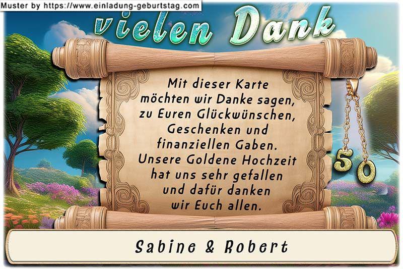 Die Danksagung zur Goldenen Hochzeit - Eine nostalgische Schriftrolle vor einer Landschaft mit Bäumen dient zur Aufnahme Ihres Danksagungstextes.