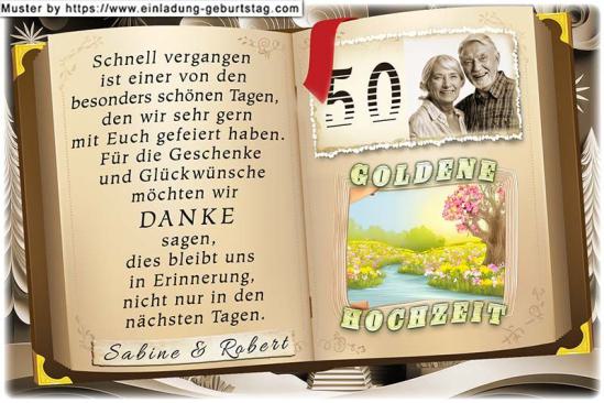 Die Danksagung zur Goldenen Hochzeit - Ein offenes Buch: auf der oberen rechten Seite befindet sich eine Bildkomposition aus Ihrer Jubiläumszahl und Ihrem Foto.