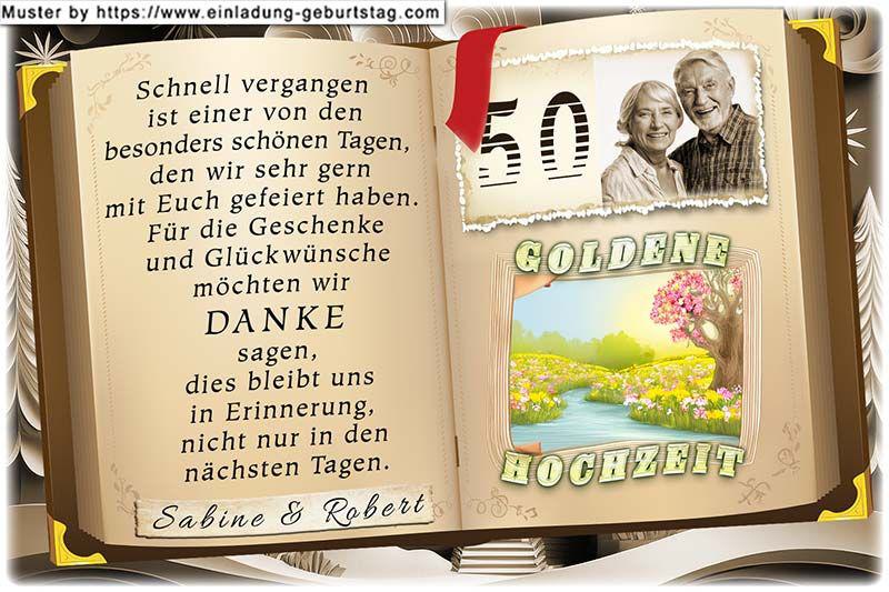 Die Danksagung zur Goldenen Hochzeit - Ein offenes Buch: auf der oberen rechten Seite befindet sich eine Bildkomposition aus Ihrer Jubiläumszahl und Ihrem Foto.