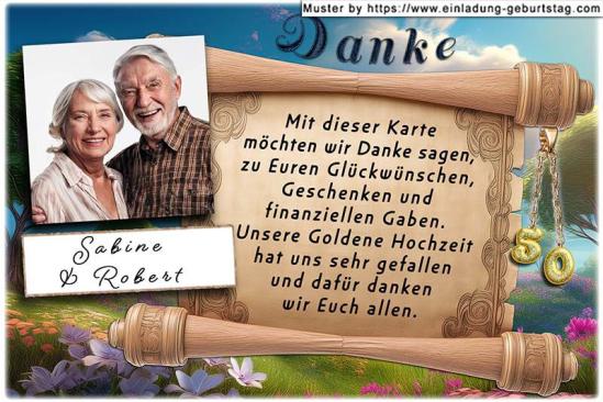 Die Danksagung zur Goldenen Hochzeit - Ihr Foto wird mit einer Schattierung versehen und schräg gestellt links neben eine Schriftrolle eingesetzt.