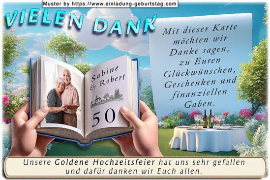 Die Danksagung zur Goldenen Hochzeit - Ein aufgeschlagenes Buch, gehalten von 2 Händen: in die linke Buchseite wird ein Foto von Ihnen eingesetzt.