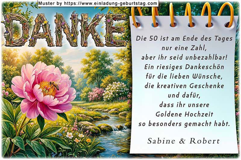 Die Danksagung zur Goldenen Hochzeit - ein romantischer Bachlauf, neben dem sich eine Blume mit geöffneter Blüte befindet.