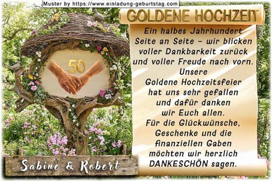 Die Danksagung zur Goldenen Hochzeit - ein originelles Hinweisschild, umgeben von Blumen und Ästen, auf dem sich 2 Hände (Hand in Hand) befinden.