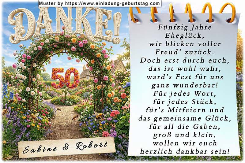 Die Danksagung zur Goldenen Hochzeit - Ein schöner Rosenbogen gibt den Blick frei auf eine ganz besondere Blume. Die Blüte hat die Fort Ihrer Jubiläumszahl - 50.