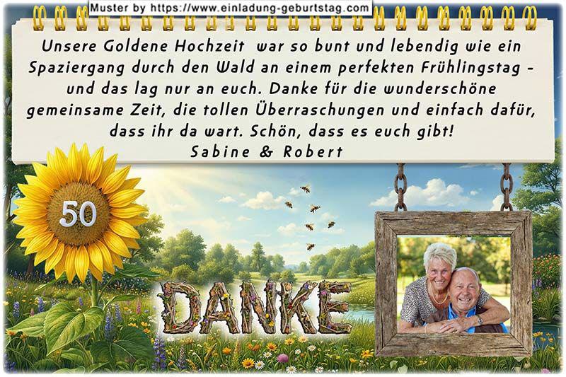 Die Danksagung zur Goldenen Hochzeit - Ihr Foto wird in den rustikalen Holzrahmen eingesetzt, der am Textfeld hängt. In eine Sonnenblume wird Ihre Jubiläumszahl gedruckt.