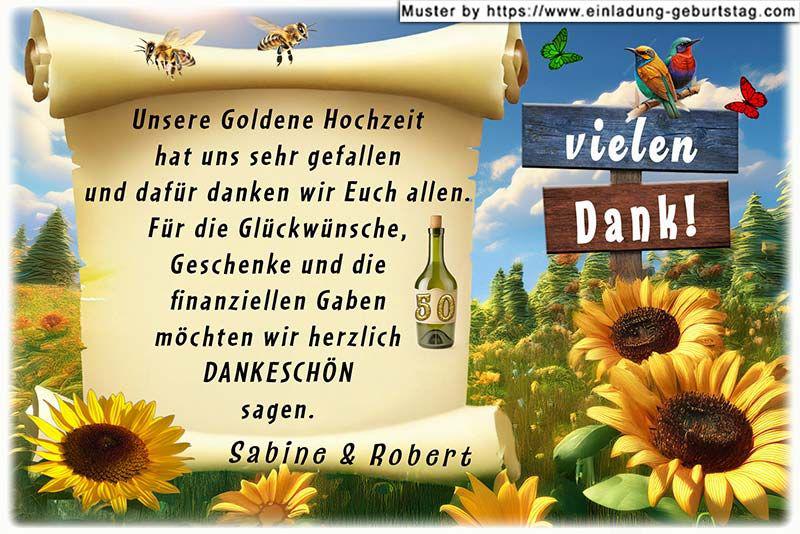 Die Danksagung zur Goldenen Hochzeit - ein rustikaler Holzwegweiser in einem Sonnenblumenfeld, auf dem 'Vielen Dank' steht.