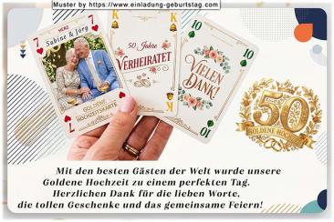 Die Danksagungskarte zur Goldenen Hochzeit mit Ihrem Foto auf einer von 3 Spielkarten in der Hand