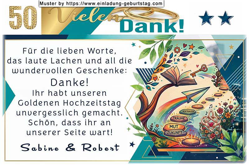 Die Danksagung zur Goldenen Hochzeit mit den beschrifteten Trittstufen - Zukunft, Mut, Träume, Vertrauen.