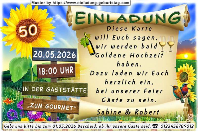 Die Einladung zur Goldenen Hochzeit mit dem Wegweiser und der Sonnenblume