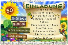 Die Einladung zur Goldenen Hochzeit mit dem Wegweiser und der Sonnenblume