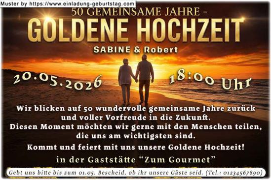 Die Einladung zur Goldenen Hochzeit mit dem Paar vor einem Sonnenuntergang