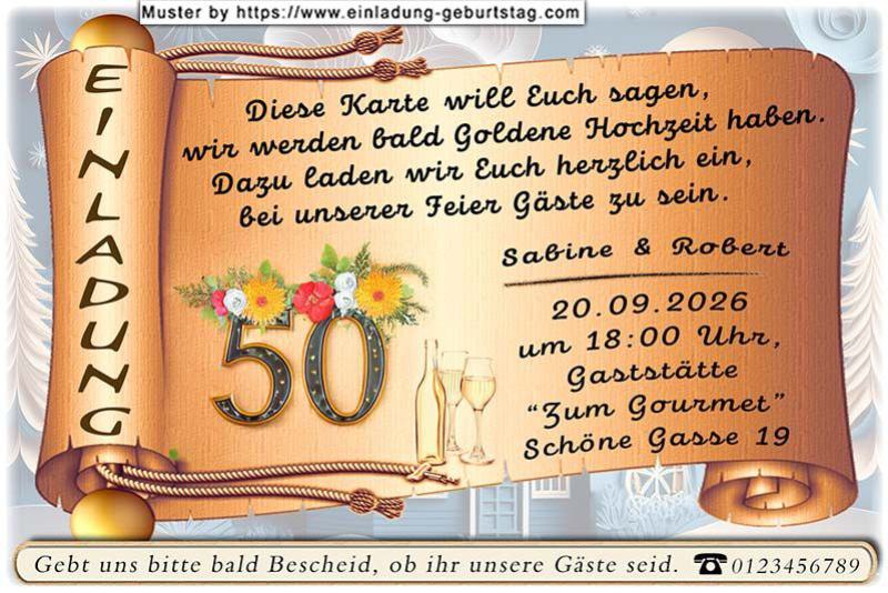 Die Einladung zur Goldenen Hochzeit mit Ihrem Text auf einer Goldpapierrolle